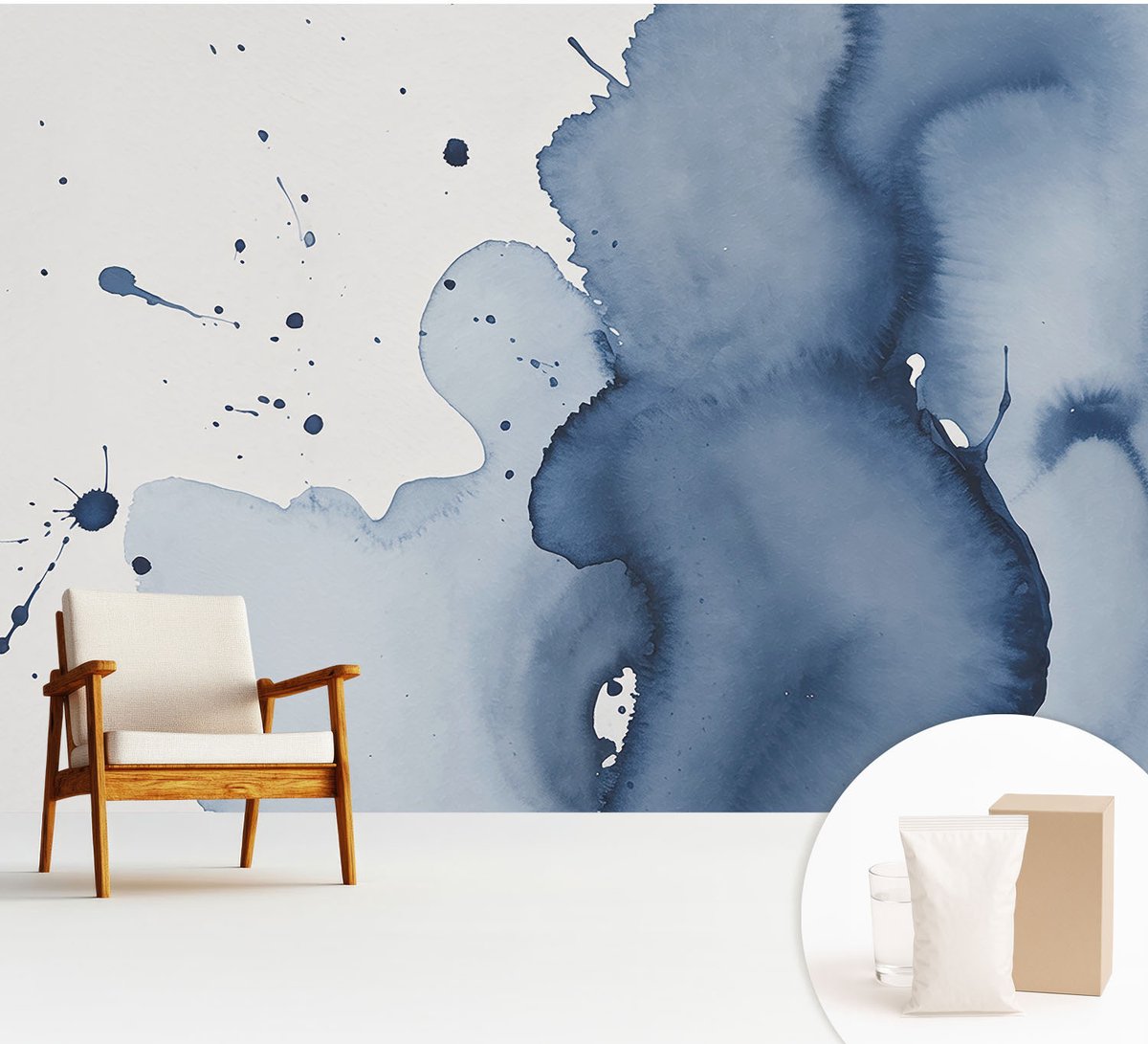 Wallfluent Fotobehang - Wit Vliesbehang - 312x219 cm - Marineblauwe Spetters Muurschildering - Slaapkamer behang Abstractie - Fotobehang Vlies - Slaapkamer behang