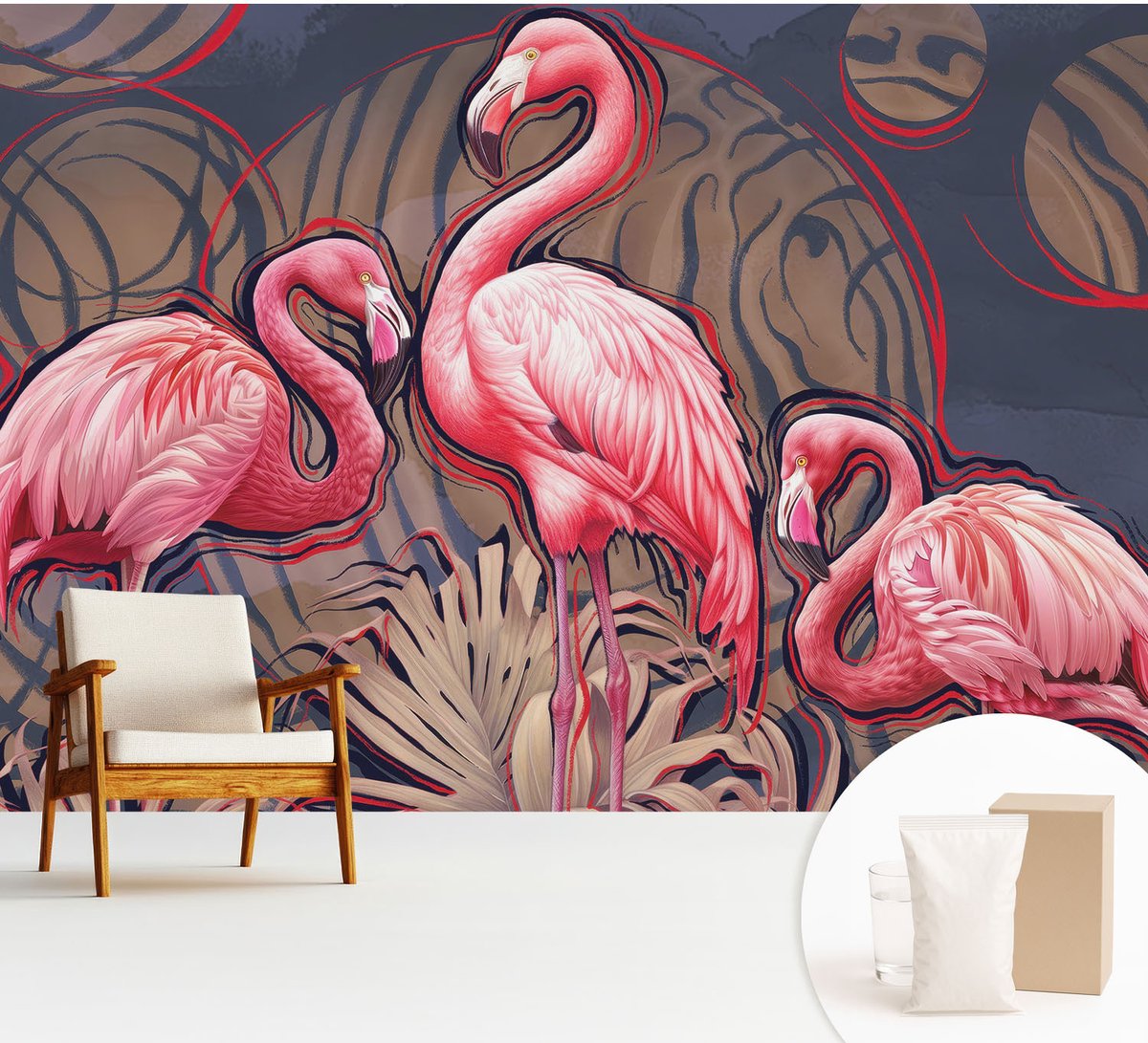 Wallfluent Fotobehang - Roze Vliesbehang - 312x219 cm - Roze Flamingo'S Muurschildering - Slaapkamer behang Dieren - Fotobehang Vlies - Slaapkamer behang
