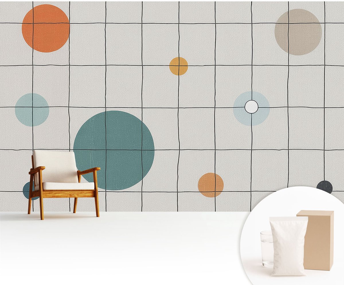 Wallfluent Fotobehang - Wit Vliesbehang - 416x254 cm - Gekleurde Cirkels Fotobehang Vlies - Hal behang Abstractie - Muurschildering - Hal behang