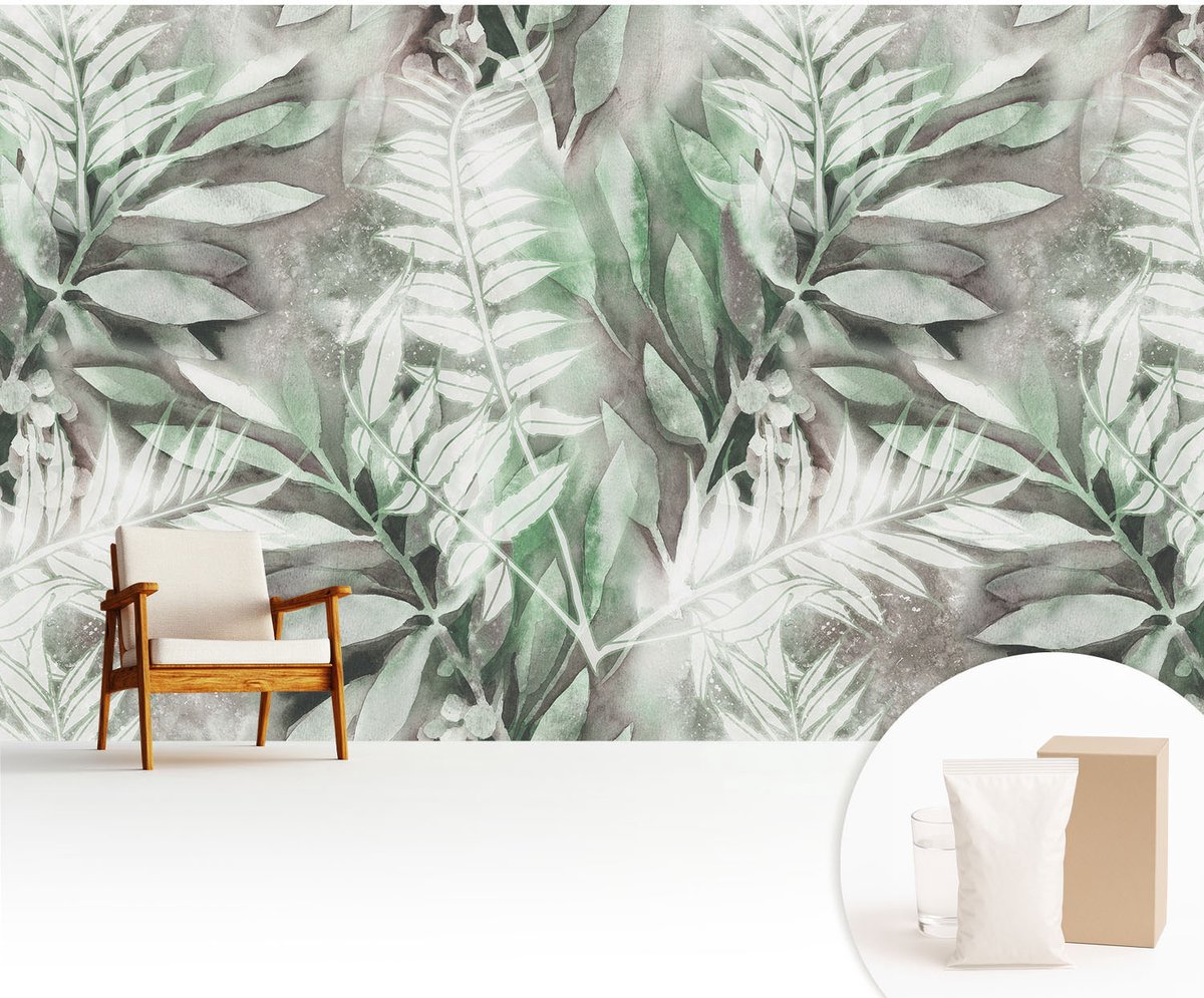 Wallfluent Fotobehang - Groente Vliesbehang - 416x254 cm - Aquarelbladeren Muurschildering - Gang behang Bloemen En Planten - Fotobehang Vlies - Slaapkamer behang