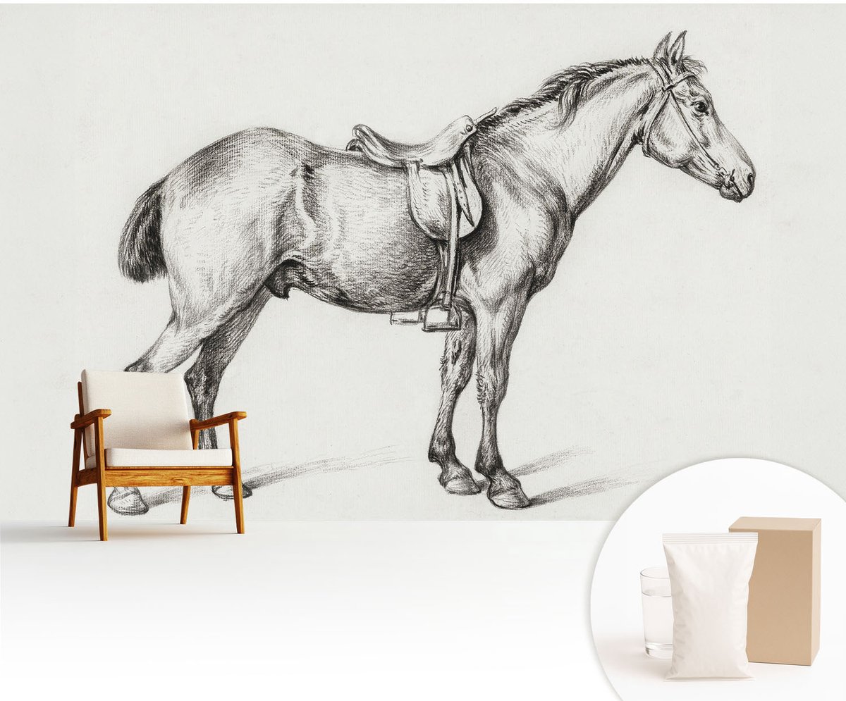 Wallfluent Fotobehang - Zwart-Wit Vliesbehang - 416x254 cm - Schets Van Een Paard Fotobehang Vlies - Hal behang Dieren - Muurschildering - Woonkamer behang