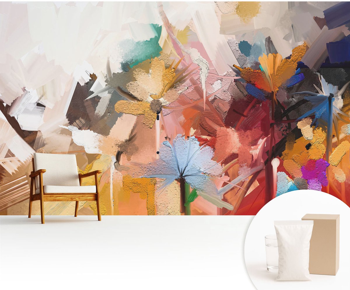 Wallfluent Fotobehang - Beige Vliesbehang - 416x254 cm - Abstracte Bloemen Muurschildering - Slaapkamer behang Deel - Fotobehang Vlies - Gang behang