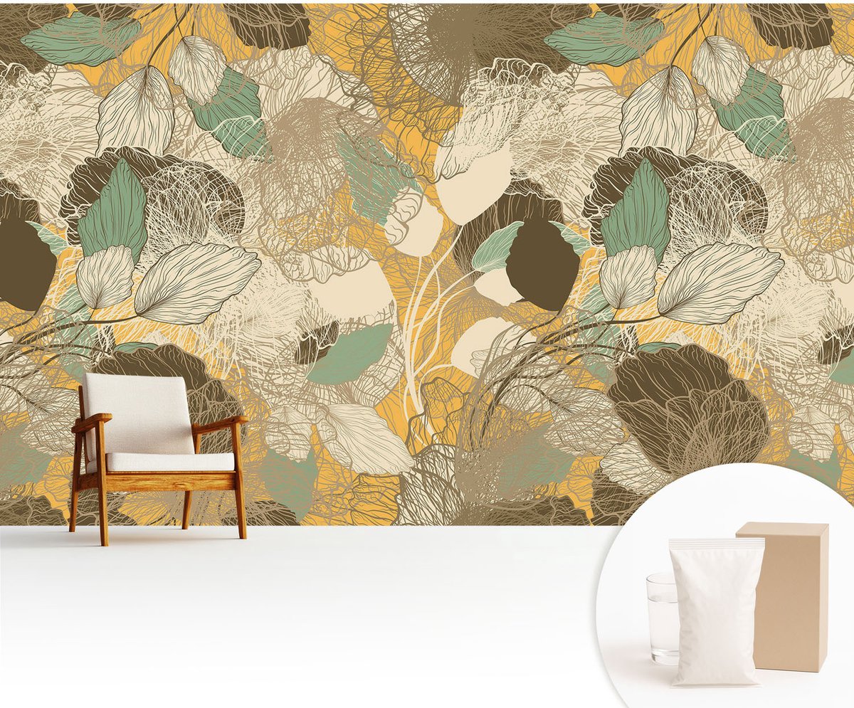 Wallfluent Fotobehang - Geel Vliesbehang - 416x254 cm - Plantenschoonheid Fotobehang Vlies - Woonkamer behang Bloemen En Planten - Muurschildering - Woonkamer behang