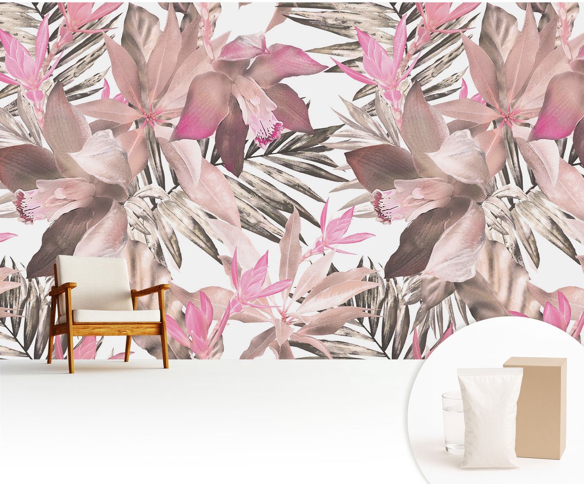 Wallfluent Fotobehang - Bruin Vliesbehang - 416x254 cm - Exotische Bloemen Muurschildering - Slaapkamer behang Bloemen En Planten - Fotobehang Vlies - Gang behang
