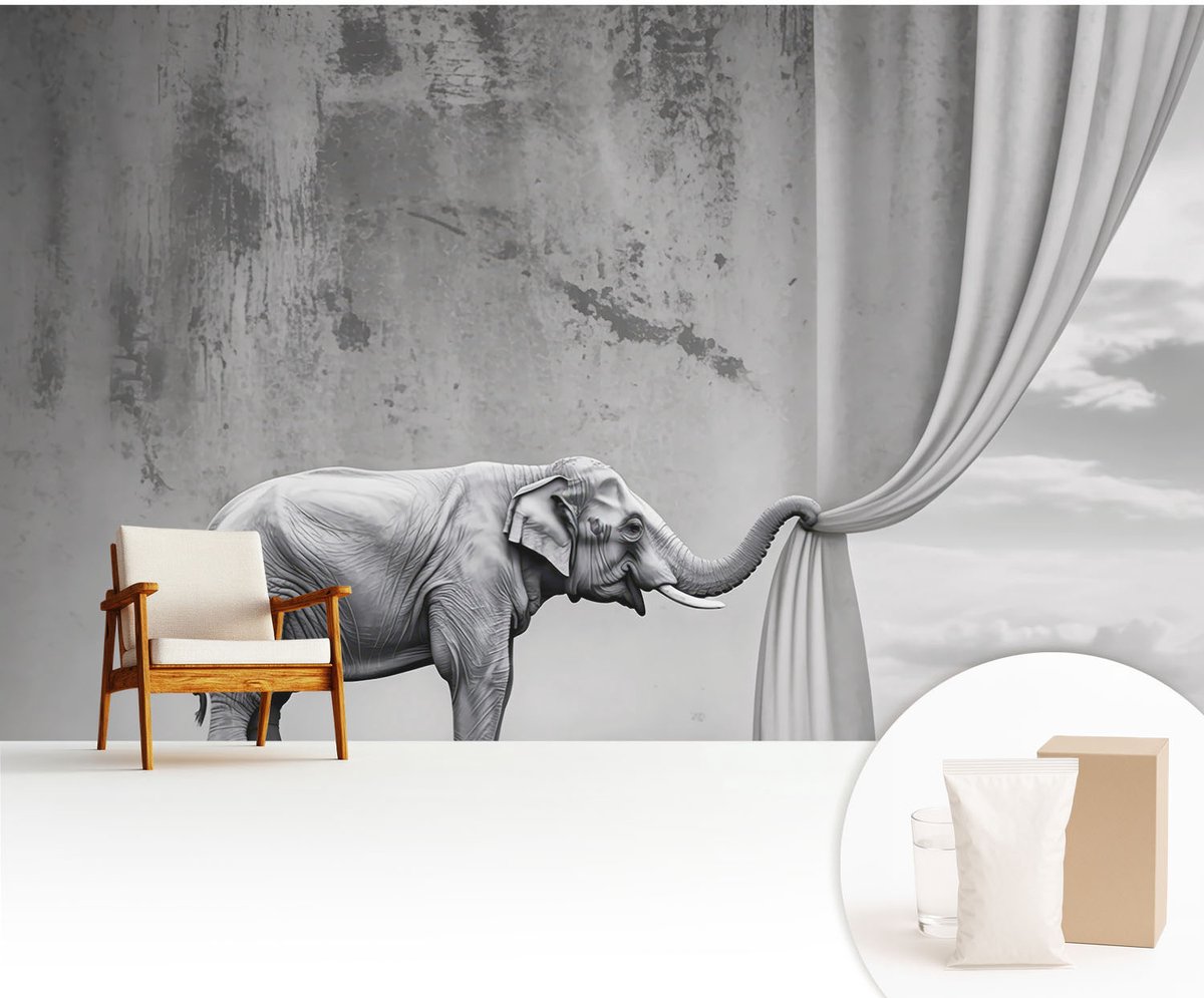 Wallfluent Fotobehang - Grijs Vliesbehang - 416x254 cm - Surrealistische Olifant Fotobehang Vlies - Woonkamer behang Deel - Muurschildering - Woonkamer behang