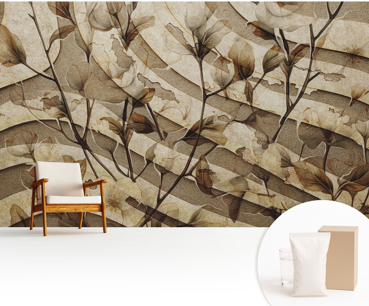 Wallfluent Fotobehang - Beige Vliesbehang - 416x254 cm - Klassieke Flora Fotobehang Vlies - Woonkamer behang Bloemen En Planten - Muurschildering - Woonkamer behang