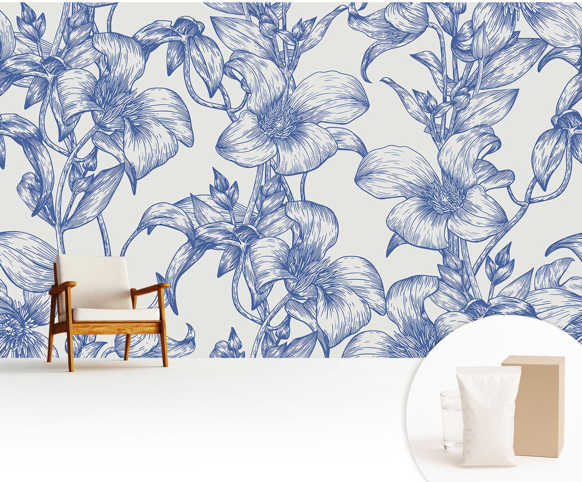 Wallfluent Fotobehang - Wit Vliesbehang - 416x254 cm - Bloemtakken Fotobehang Vlies - Woonkamer behang Bloemen En Planten - Muurschildering - Hal behang