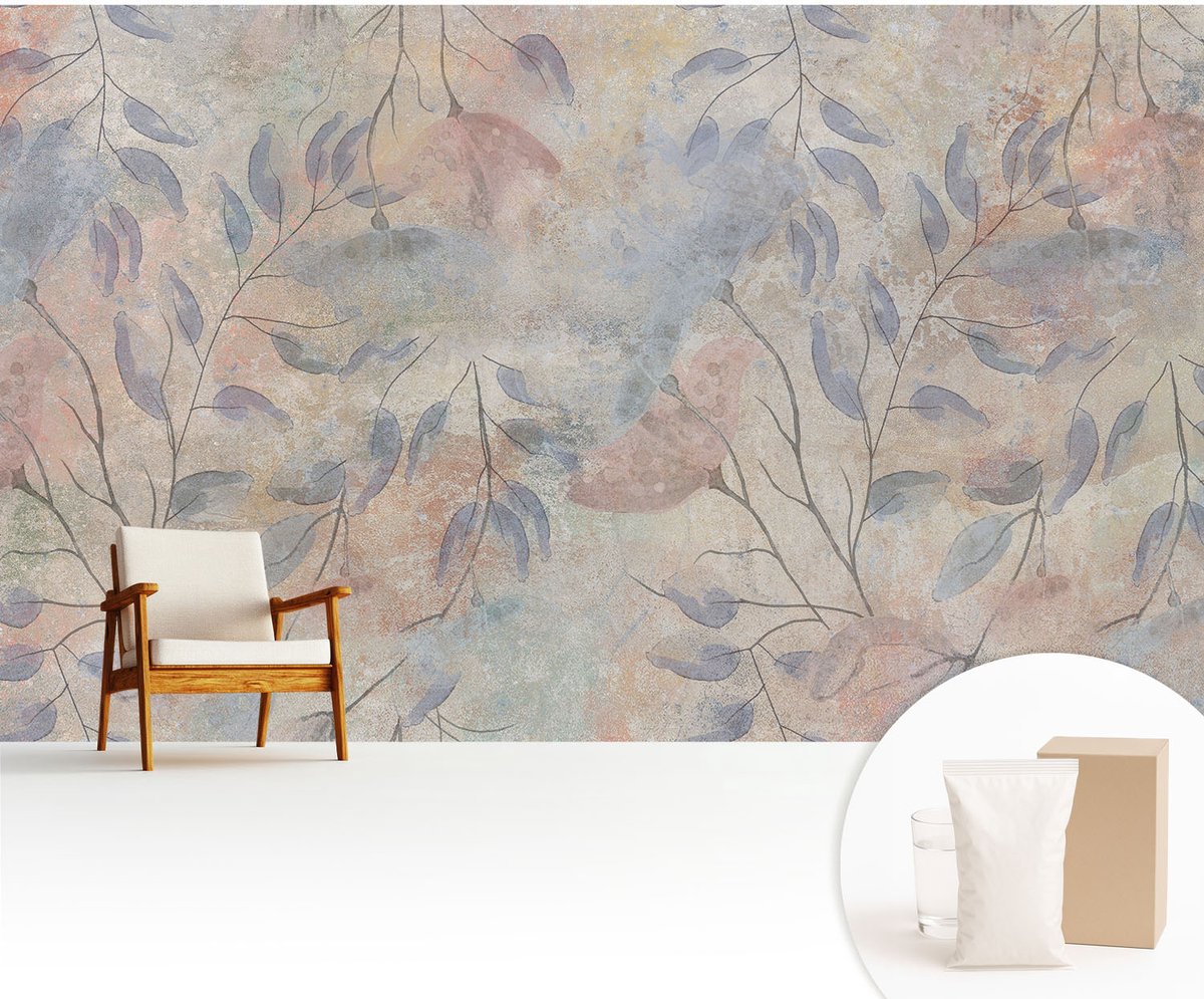 Wallfluent Fotobehang - Grijs Vliesbehang - 416x254 cm - Abstracte Bladeren Fotobehang Vlies - Woonkamer behang Bloemen En Planten - Muurschildering - Hal behang