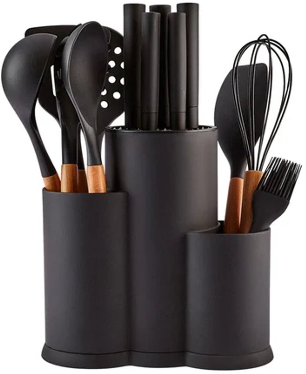 Karaca Burby Wood - Messenblok & Keukengerei Set – 14-delig – Hout/Zwart – Keukenhulpen en Messenset