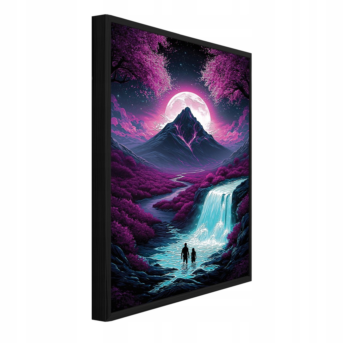 WALLARENA Schilderij met reliëf 100x70 cm - zwarte lijst - waterval, bergen en rozen - woonkamer en slaapkamer Paars