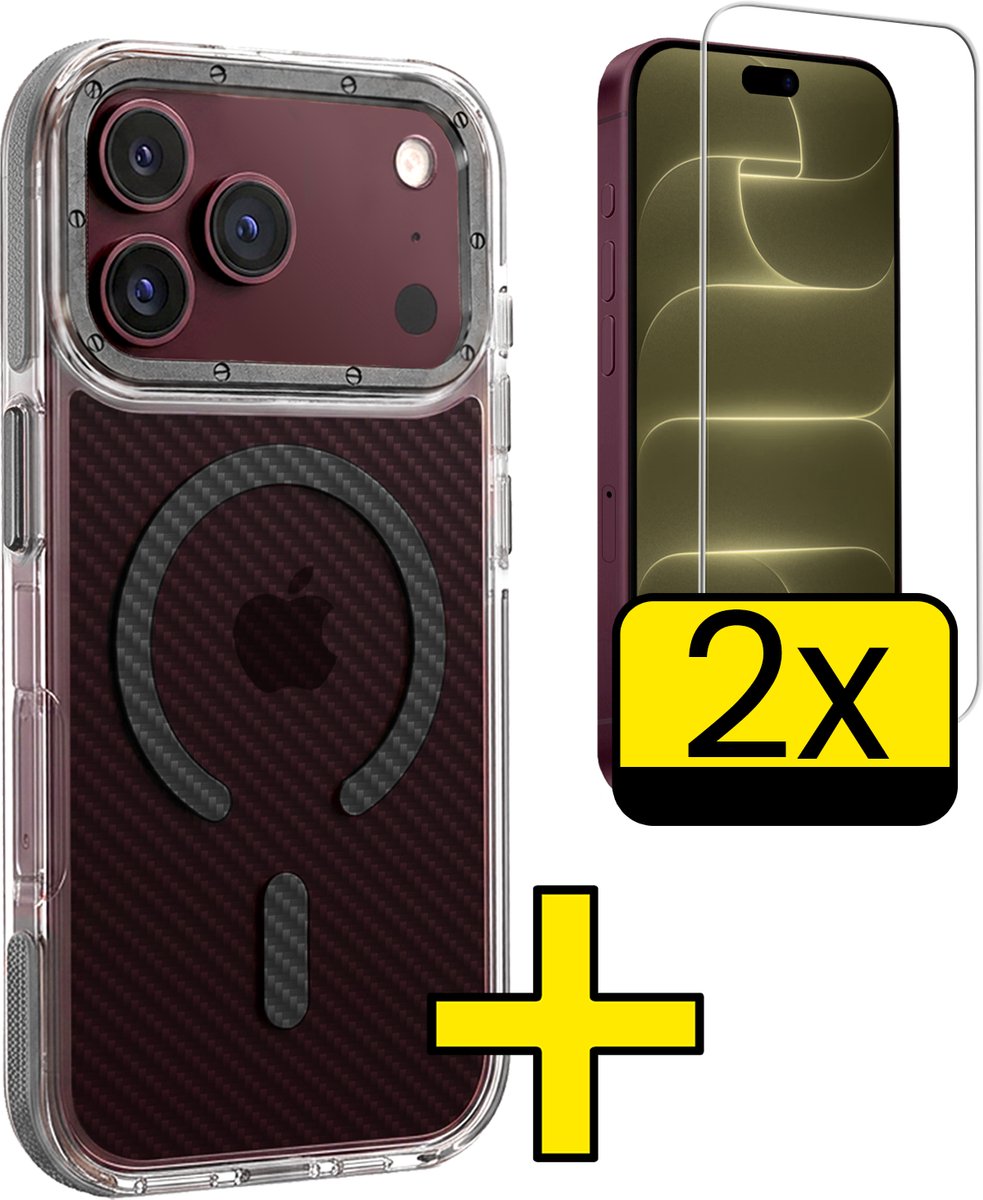 Hoesje - Met 2x Screenprotector - Geschikt voor Apple iPhone 18 Pro Max - Magsafe Compatible - Carbon Look - Sterk & Shockproof - Back Cover - Shock Proof Case - Telefoon Hoes - Telefoonhoesjes - Grijs