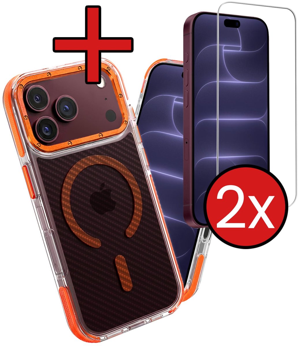 Hoesje - Met 2x Screenprotector - Geschikt voor Apple iPhone 18 Pro Max - Magsafe Compatible - Carbon Look - Sterk & Shockproof - Shock Proof Case - Back Cover - Telefoon Hoes - Telefoonhoes - Oranje