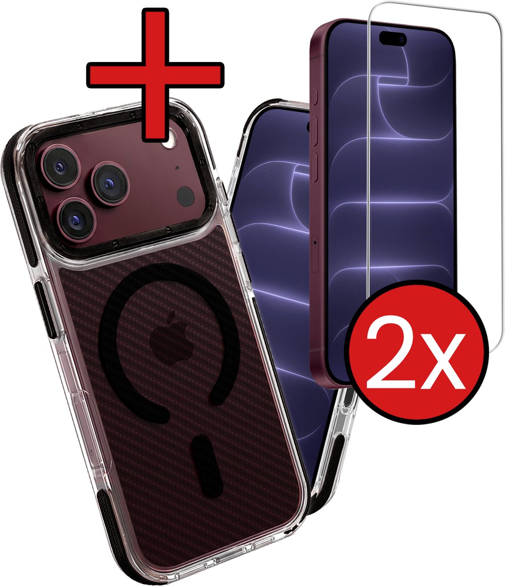 Hoesje - Met 2x Screenprotector - Geschikt voor Apple iPhone 18 Pro Max - Magsafe Compatible - Carbon Look - Sterk & Shockproof - Shock Proof Case - Back Cover - Telefoon Hoes - Telefoonhoes - Zwart