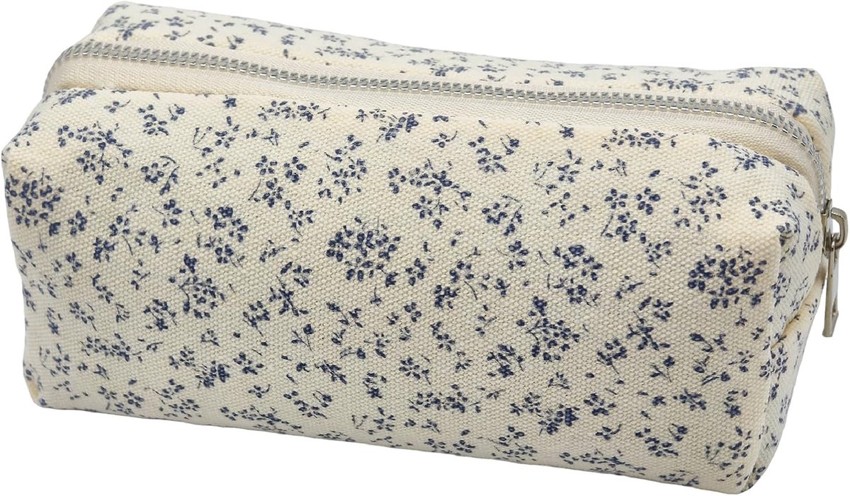 SnelShoppen - School Pencil Case met Rits Aesthetic Bloemen Motief voor Meisjes - Cosmetic Bag en Purse in Lichtblauw - Perfect voor School, Reizen en