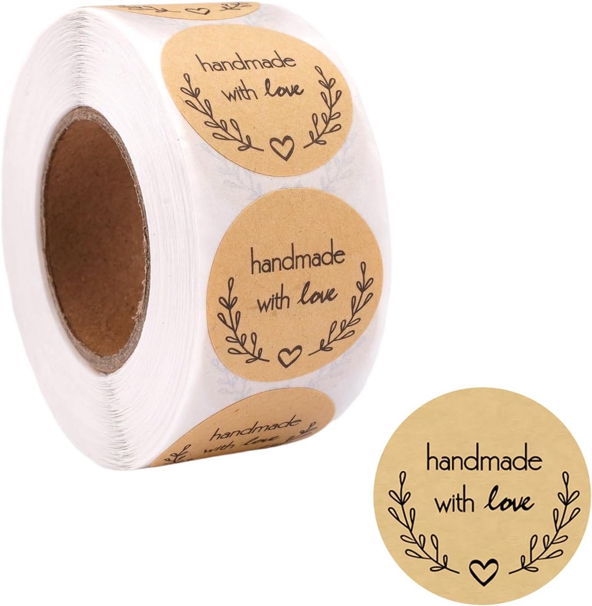 SnelShoppen - 500 Stuks Ronde Zelfklevende Labelstickers 2,5 cm - Handgemaakte Kraft Stickers met Liefde - Perfect voor Cadeaus, Bakken, Enveloppen, e