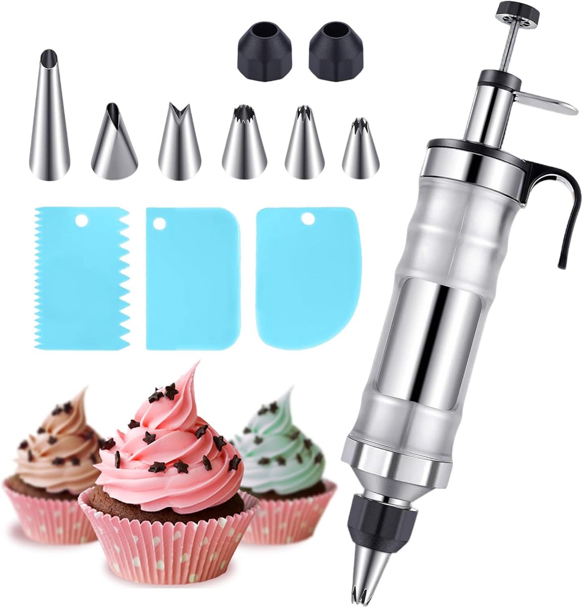 SnelShoppen - Cake Sprayer Stainless Steel 400 ml, 6 Nozzles voor Taart, Cupcake en Gebak Decoratie - Ideaal voor Feestjes en Keuken