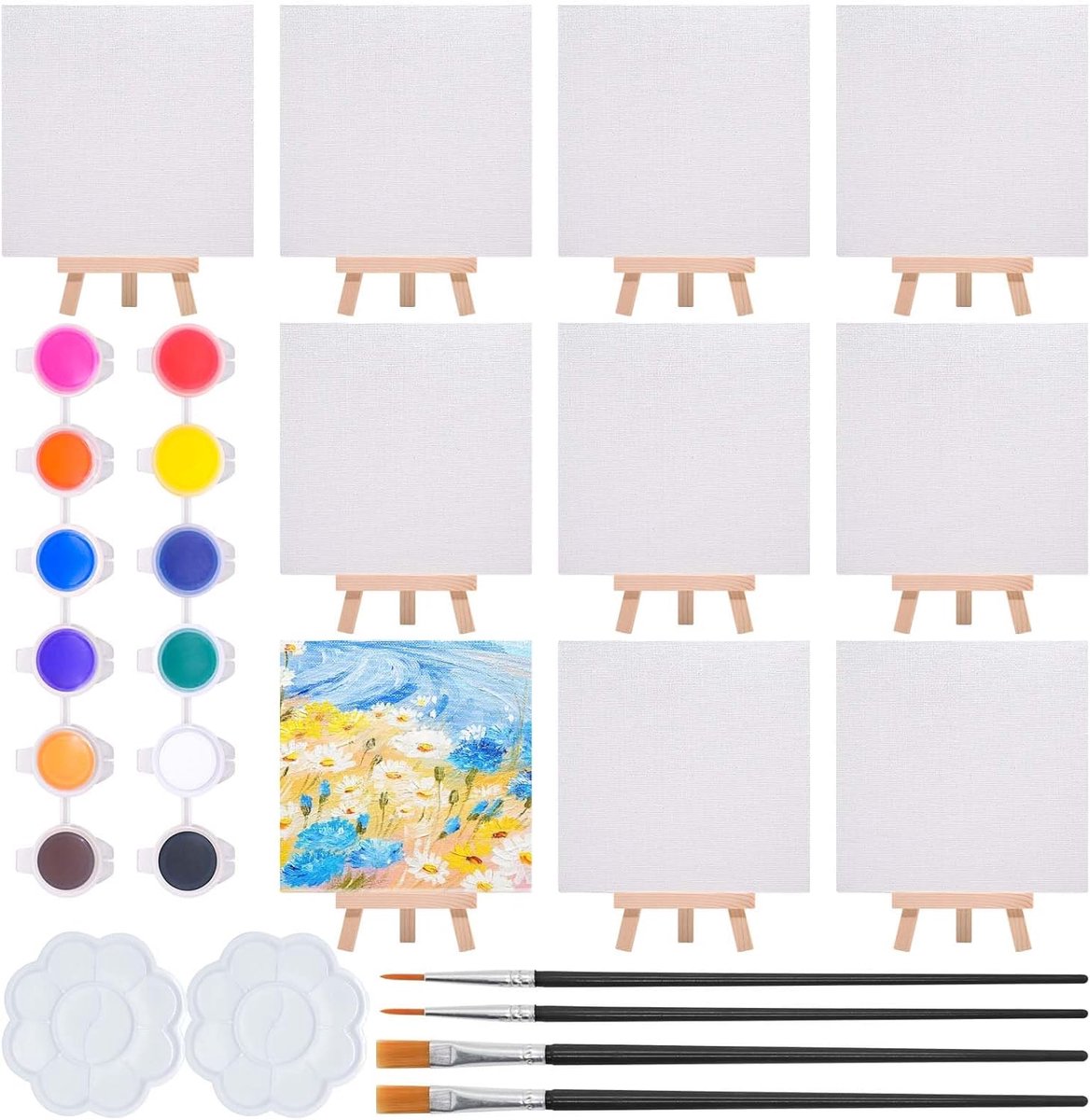 SnelShoppen - 10 Stuks Mini-canvas en Schildersezelset 15x15 cm met 12 Kleuren Acrylverf, 4 Penselen, 2 Paletten - Perfect voor Kinderen, Schilderen,