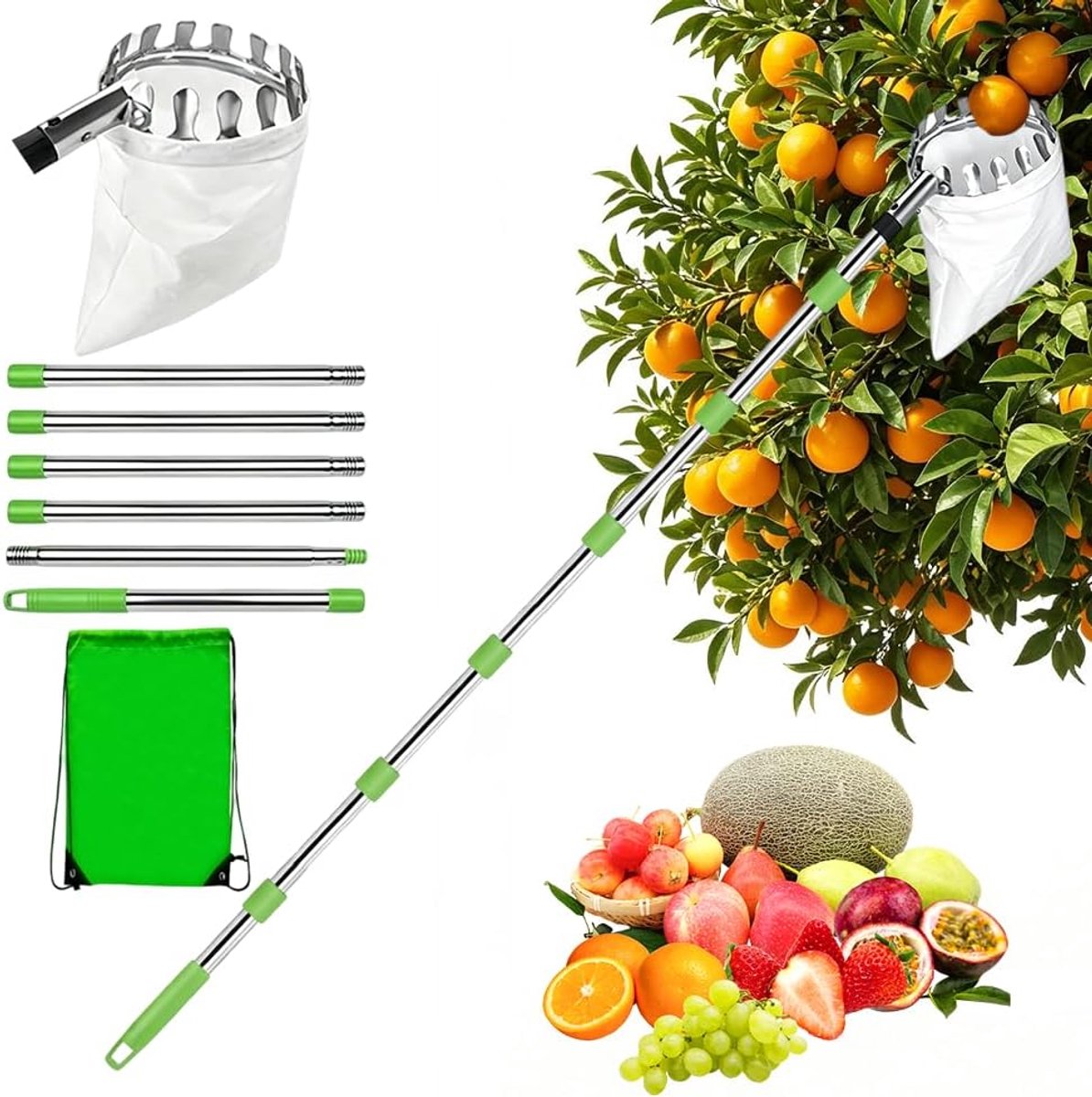 2,4 m telescopische fruitplukker, verstelbaar, appelverzamelaar met katoenen zak van roestvrij staal voor citroenen - ShopVlot