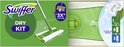 Kit sec Swiffer avec balai vert et 8 lingettes sèches.