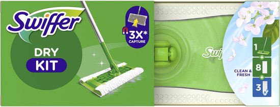 Kit sec Swiffer avec balai vert et 8 lingettes sèches.