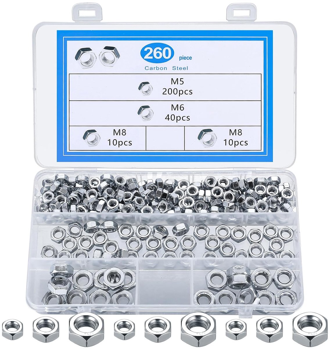 260Pcs M5 M6 M8 Nuts, Hex Nuts M5 M6 M8, DIN934 Carbon Steel Hex Nuts, Fine Thread Nut, Screw Nuts for Underlay Discs - ShopVlot