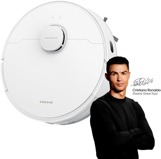 Witte Dreame robotstofzuiger met LIDAR navigatie, naast Cristiano Ronaldo, Dreame Global Ambassador.