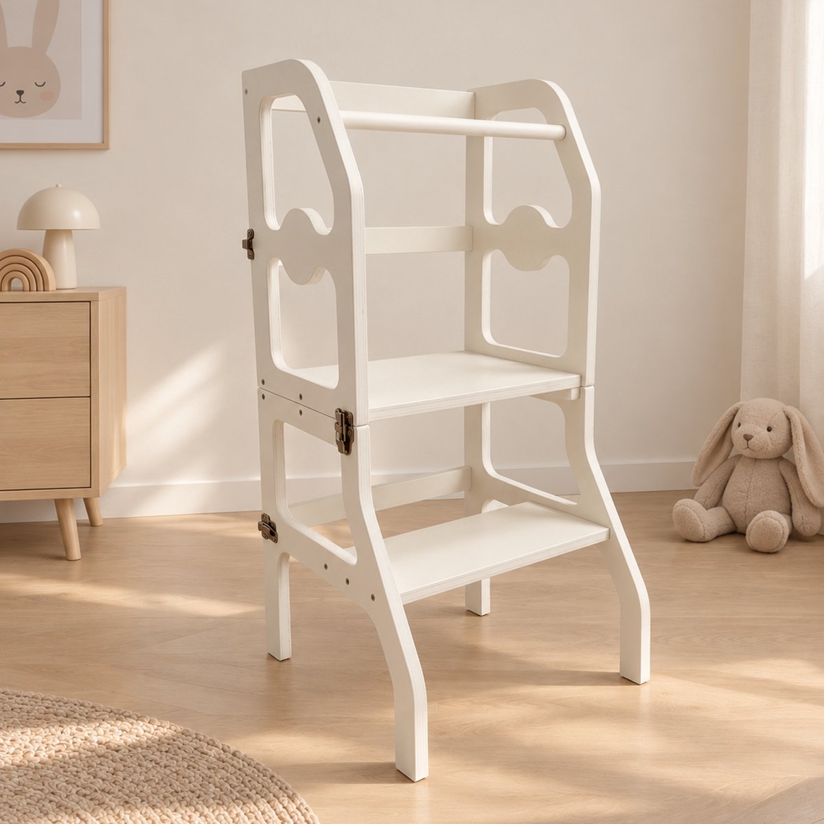 Houten Montesorri Leertoren - Keukenhulp voor Peuters - Learning Tower - Opvouwbaar tot Stoel en Tafel - Inklapbaar - Wit