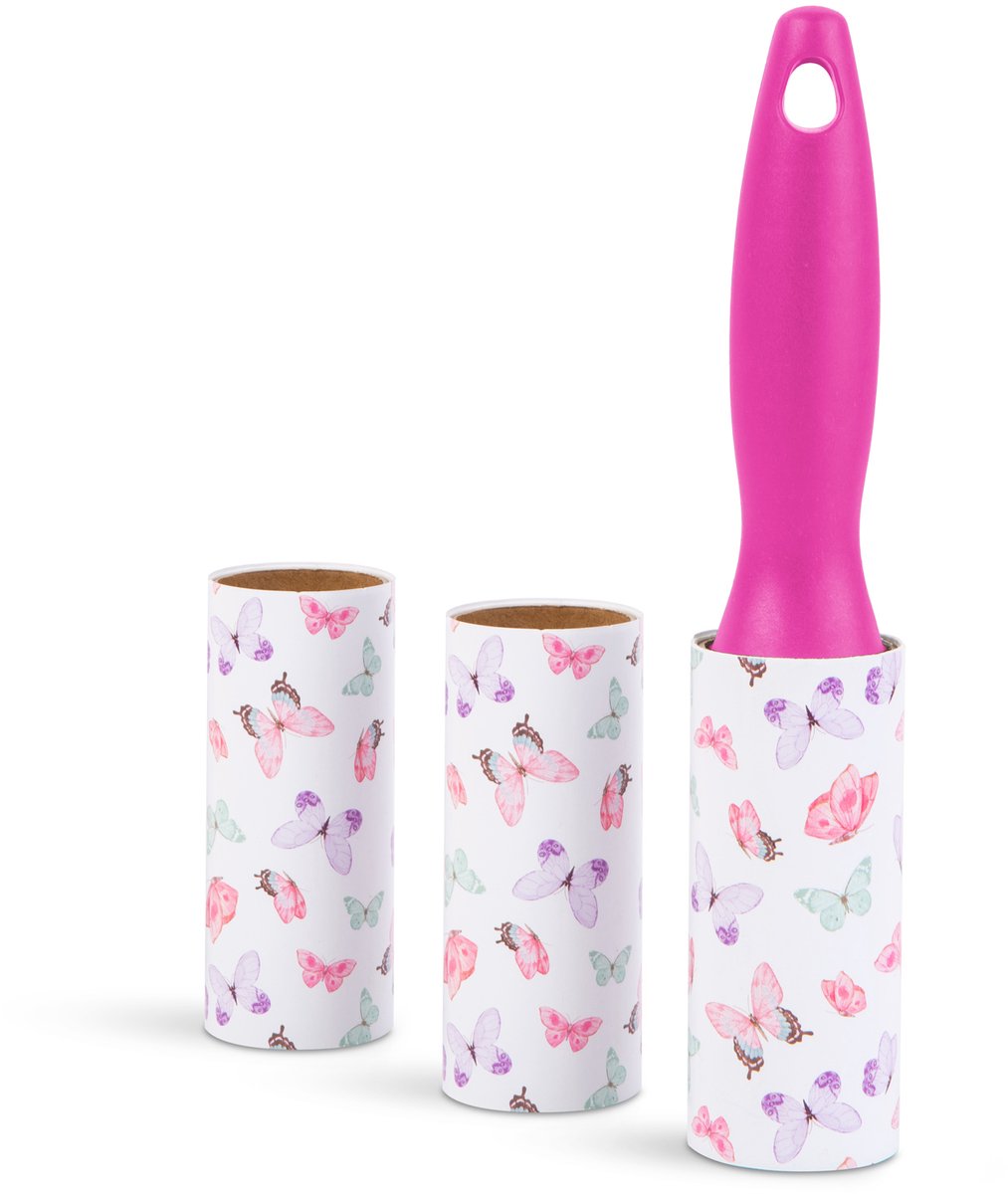 Family Pound Kledingroller Met Handvat - 3 Rollen - 30 Vellen Per Rol - 100 mm Breed - Kunststof - Verwijdert Dierenharen, Stof En Kruimels - Roze/Groen/Zwart (willekeurig) [57005C]