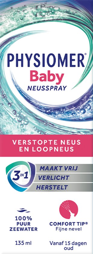 Physiomer Baby neusspray, verpakking met bubbels, golven en de tekst 'VERSTOPTE NEUS EN LOOPNEUS'.