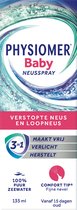 Physiomer Baby neusspray, verpakking met bubbels, golven en de tekst 'VERSTOPTE NEUS EN LOOPNEUS'.