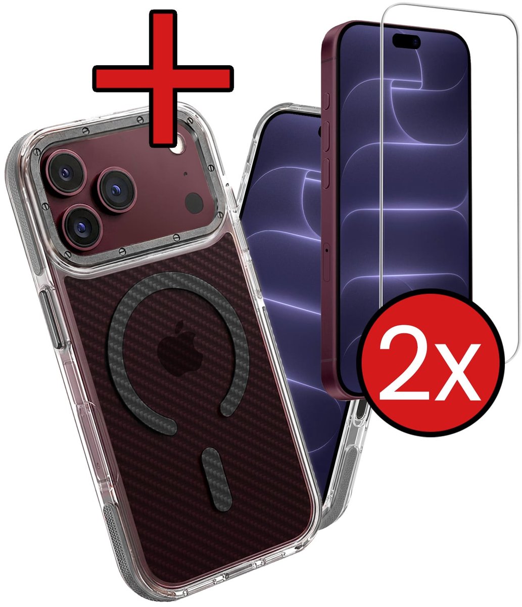 Hoesje - Met 2x Screenprotector - Geschikt voor Apple iPhone 18 Pro - Magsafe Compatible - Carbon Look - Sterk & Shockproof - Shock Proof Case - Back Cover - Telefoon Hoes - Telefoonhoes - Grijs