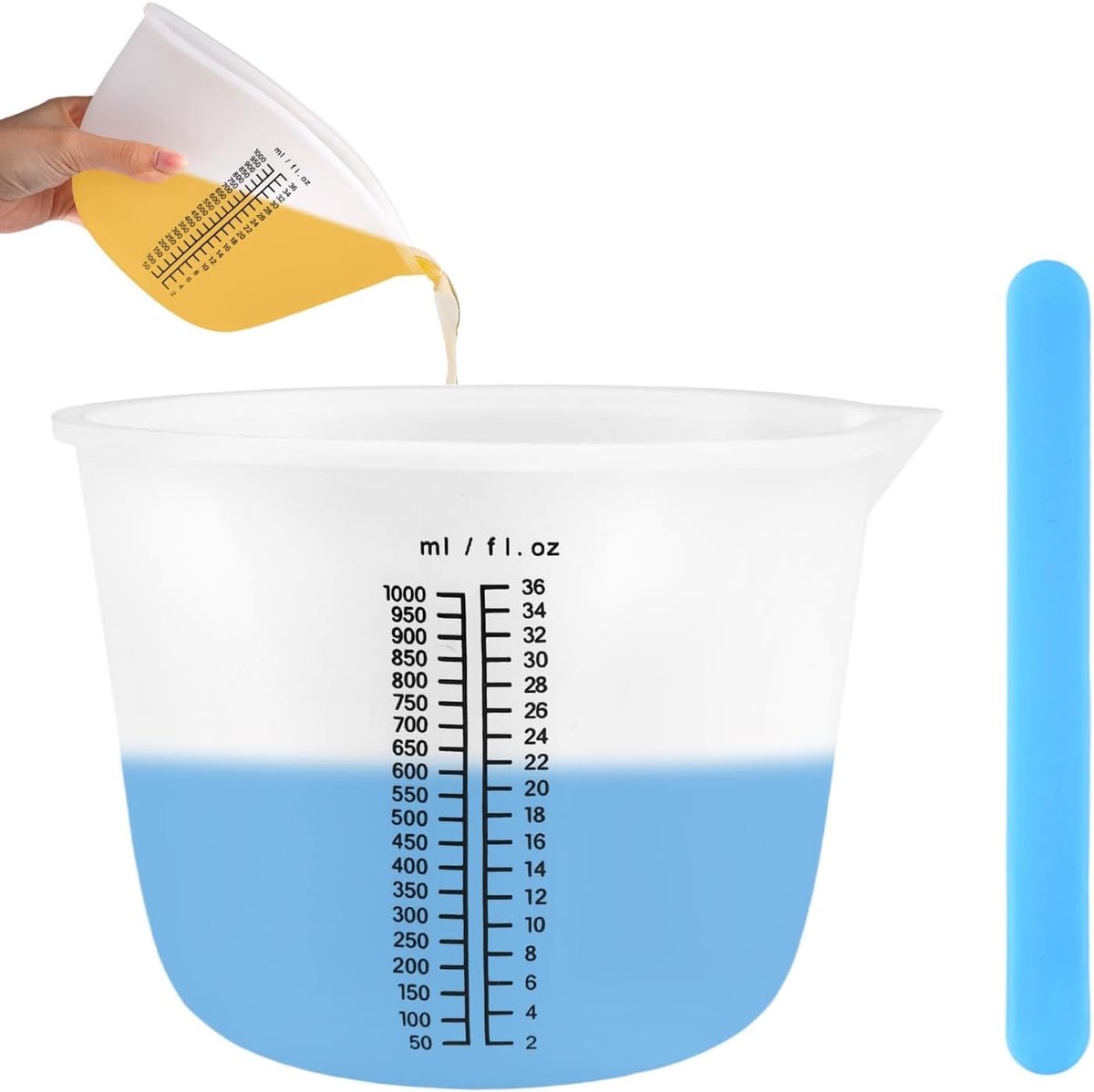 SnelShoppen - 1000ml Siliconen Mengbekers met Roerstokjes - Herbruikbare Grote Maatbeker voor Epoxyhars, Duidelijke Schalen, Antiaanbaklaag, BPA-vrij