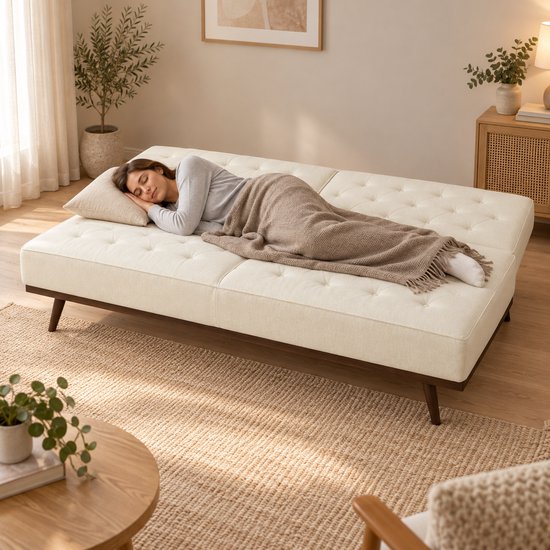 Een vrouw slaapt op een crème witte 2-zits slaapbank uitgeklapt als bed, met donkerhouten poten.