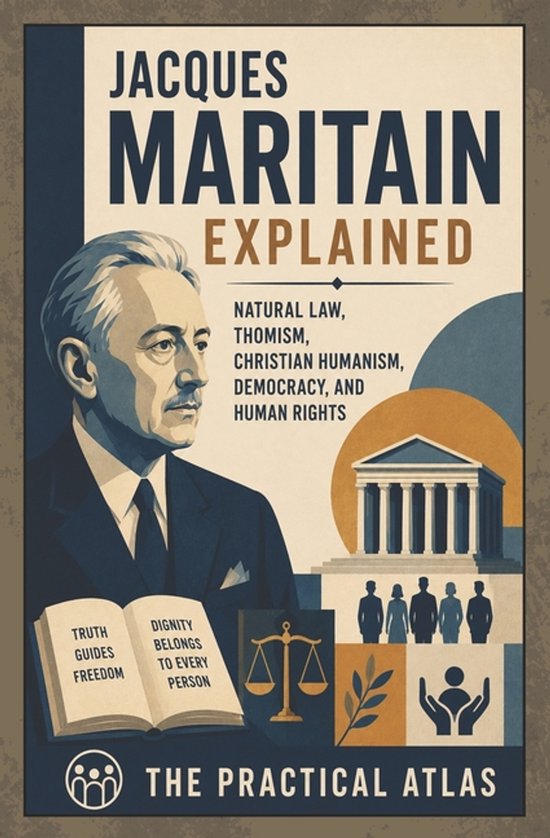 Boekomslag met een illustratie van Jacques Maritain, een klassiek gebouw, een weegschaal en teksten over filosofie en mensenrechten.