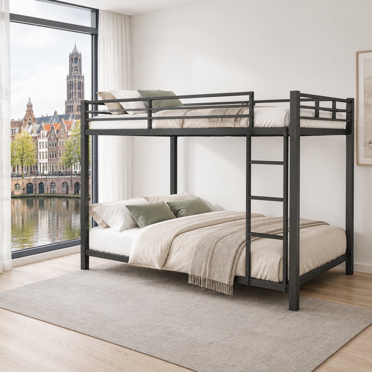 WUVRIE Metalen stapelbed 140x200 cm met ladder, veiligheidsrelingen en lattenbodems, zwart