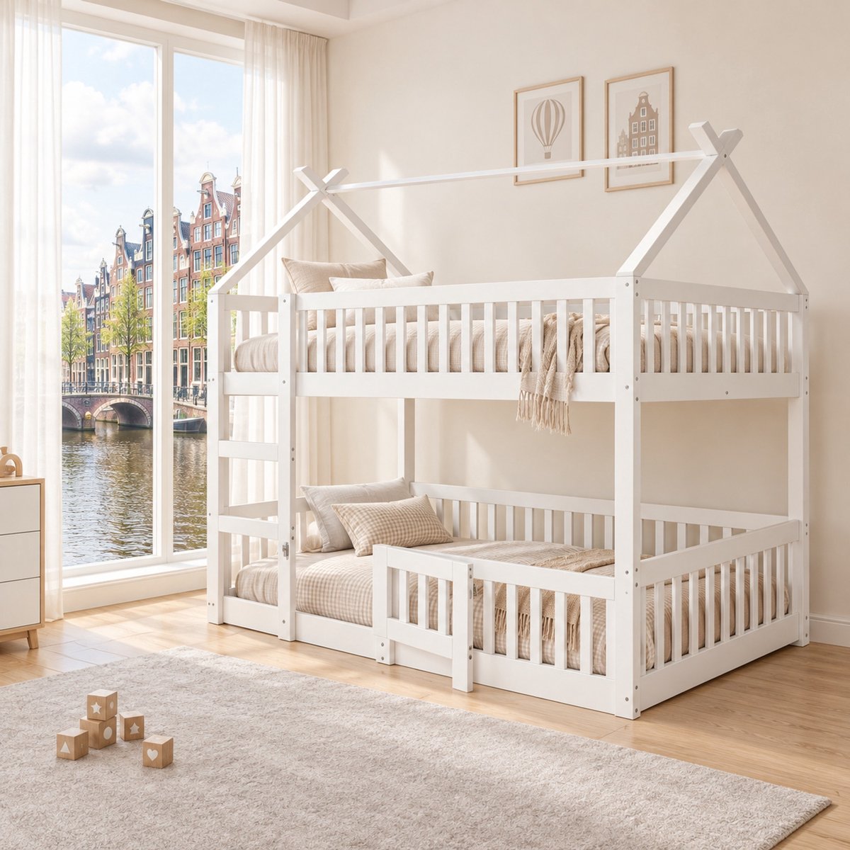 WUVRIE Kinderstapelbed 140x200 cm met trap, veiligheidshekken en deur, wit