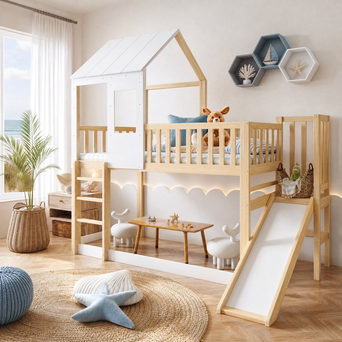 WUVRIE Stapelbed 90x200 cm met glijbaan, dak, raam en 3-treds haakse ladder, wit/naturel