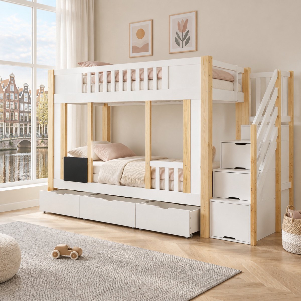 WUVRIE Stapelbed 90x200 cm met trapkast, 3 lades en krijtbord, wit/naturel Wit en naturel