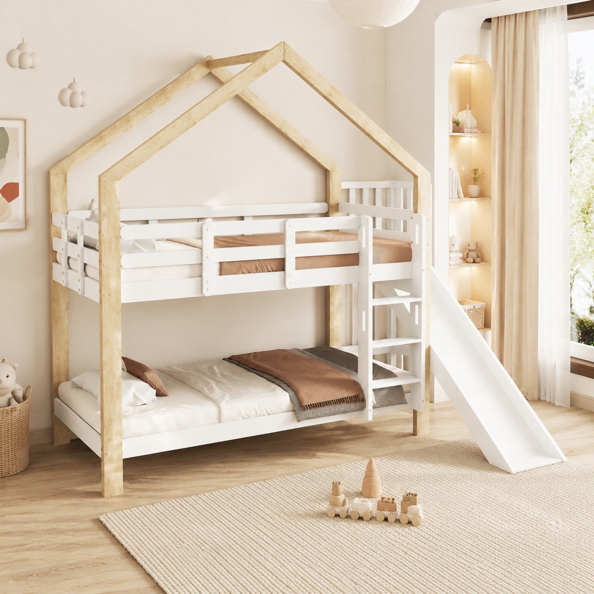 WUVRIE Stapelbed 90x200 cm met glijbaan, huisbed, 3-treds ladder en uitvalbeveiliging, wit/naturel