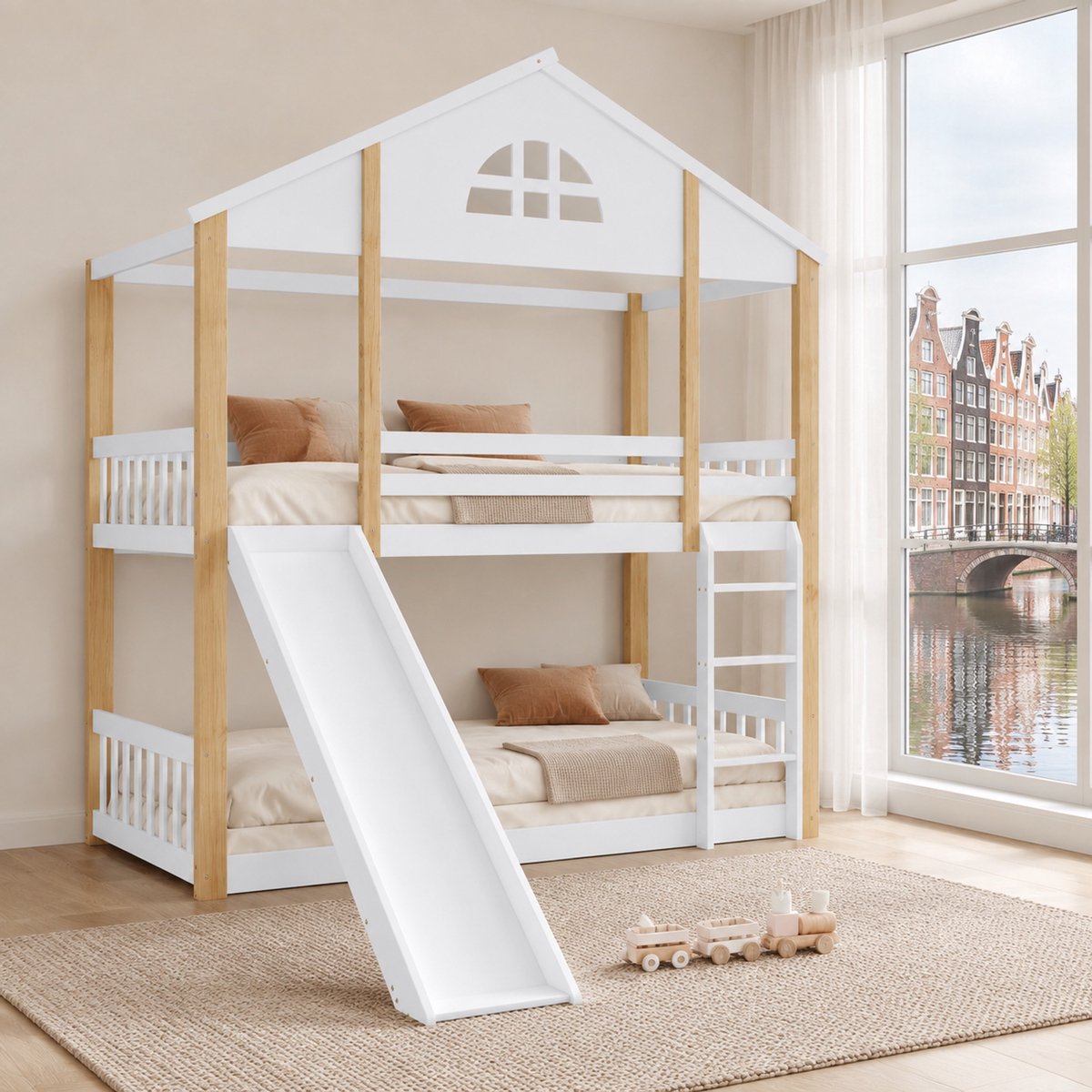 WUVRIE Stapelbed 90x200 cm met glijbaan, trap en uitvalbeveiliging, wit/naturel