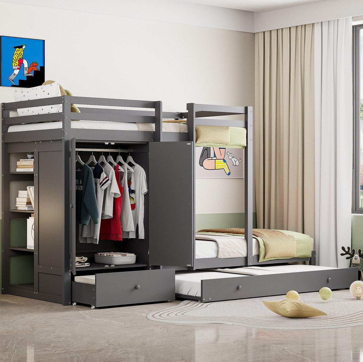 WUVRIE Stapelbed 90x200 cm met uitschuifbed, kledingkast, lades en open vak, grijs