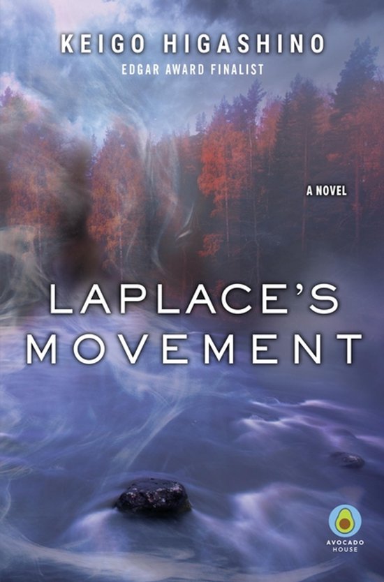 Boek kaft van Keigo Higashino: Laplace's Movement, met een mistige rivier en bos.
