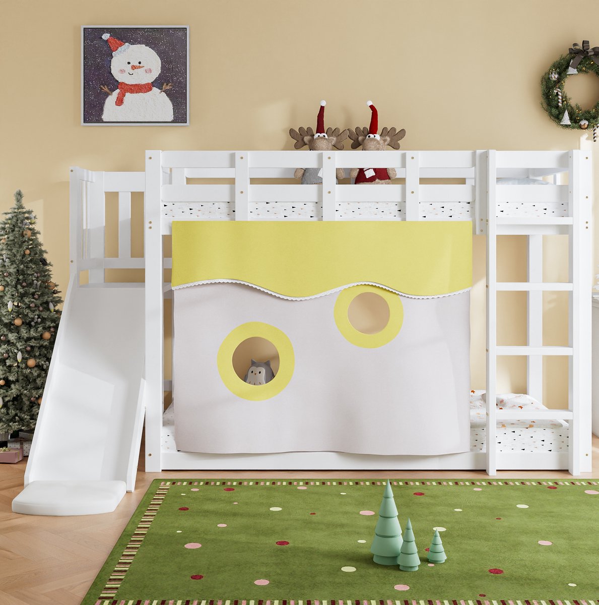 WUVRIE Kinderstapelbed 90x200 cm met trap, glijbaan, bedgordijnen en valbescherming, wit