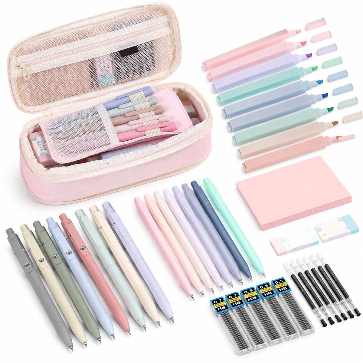 VHV - Etui - 44 stuks - Schrijfgerei set - Pennenetui - Met penciltas, markers - Pennenzak - Potloodtas - op kantoor