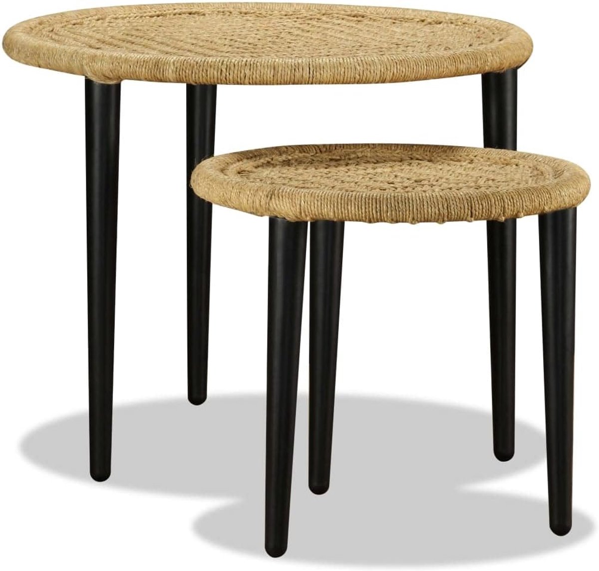 2-delig. Natuurlijke jute met robuuste stalen frames en handgevlochten tafelbladen voor bijzettafels en plantenstandaard, rustiek design voor natuurlijke