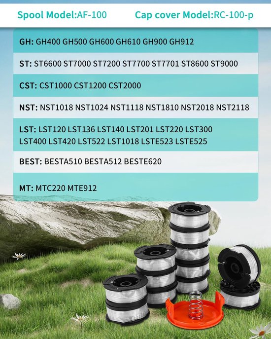 A6485 draadspoel voor Black & Decker grastrimmer, trimmer spoel AF100, Ø 1,65 mm, 9 m trimmer spoel (12 reservespoelen + 4 doppen + 4 veer) — afbeelding 3