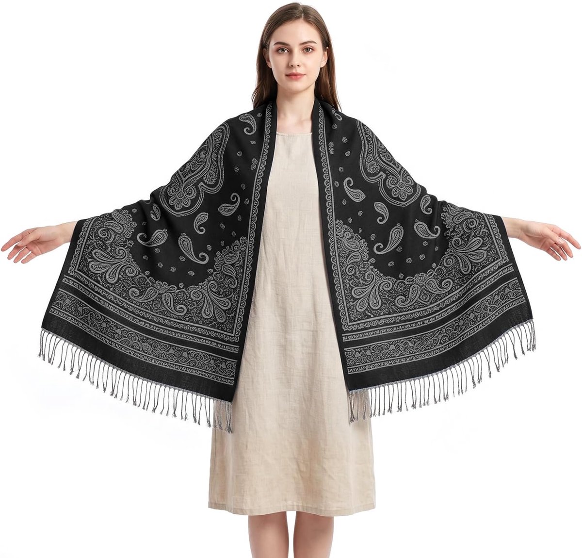 Sjaal pashmina, bruiloft gastensjaal, grote zachte wintersjaal 70x195cm, zwart