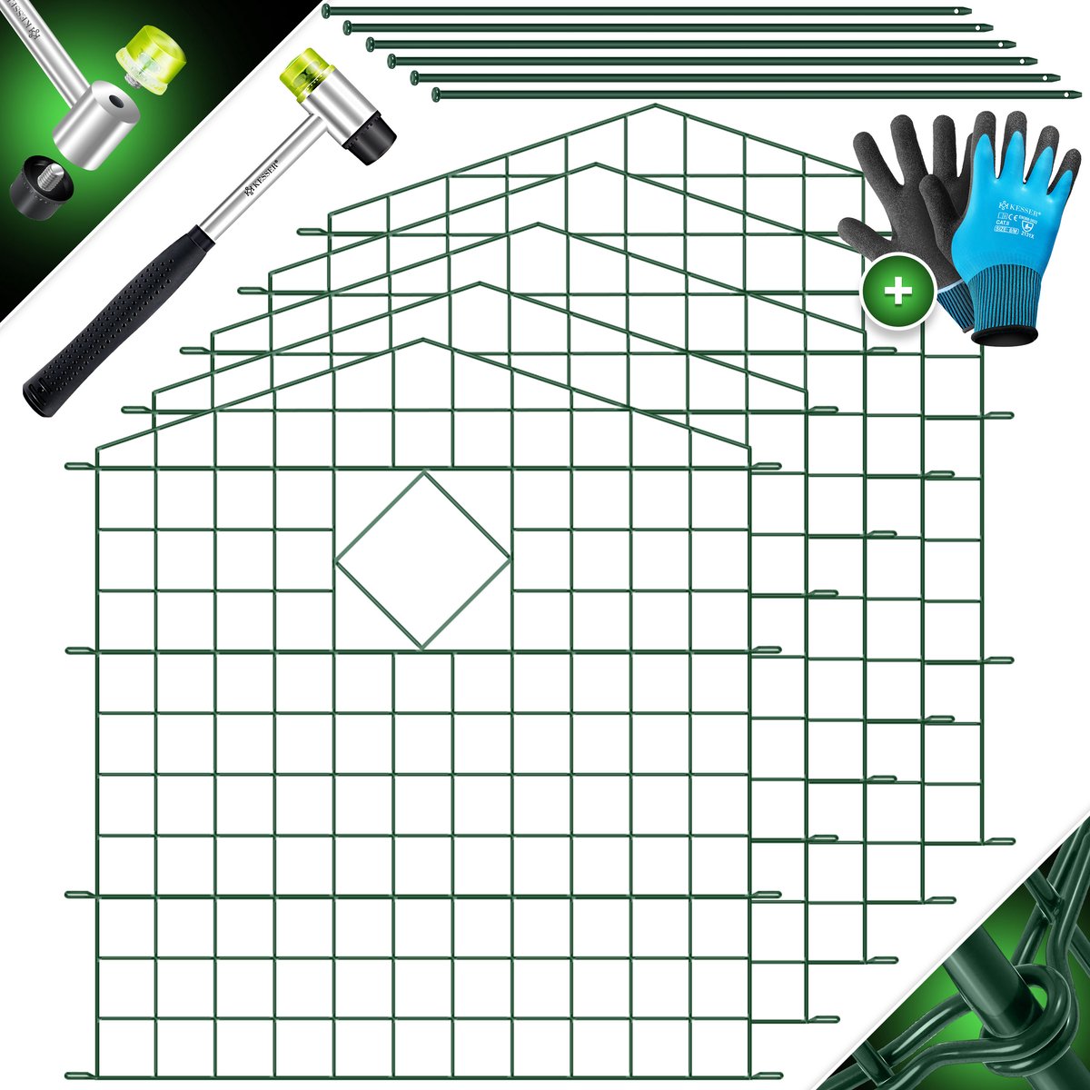 KESSER® Vijverhek - Tuinhek steekhek set van metaal - 5x spitse bovenboog met 6 staven - Groen