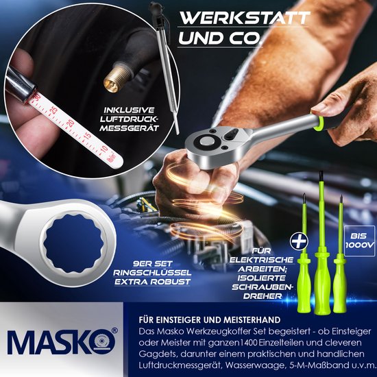 Monteur die een band controleert, met inzetstukken van een gereedschapskoffer, gereedschap, en tekst 'WERKSTATT UND CO'.