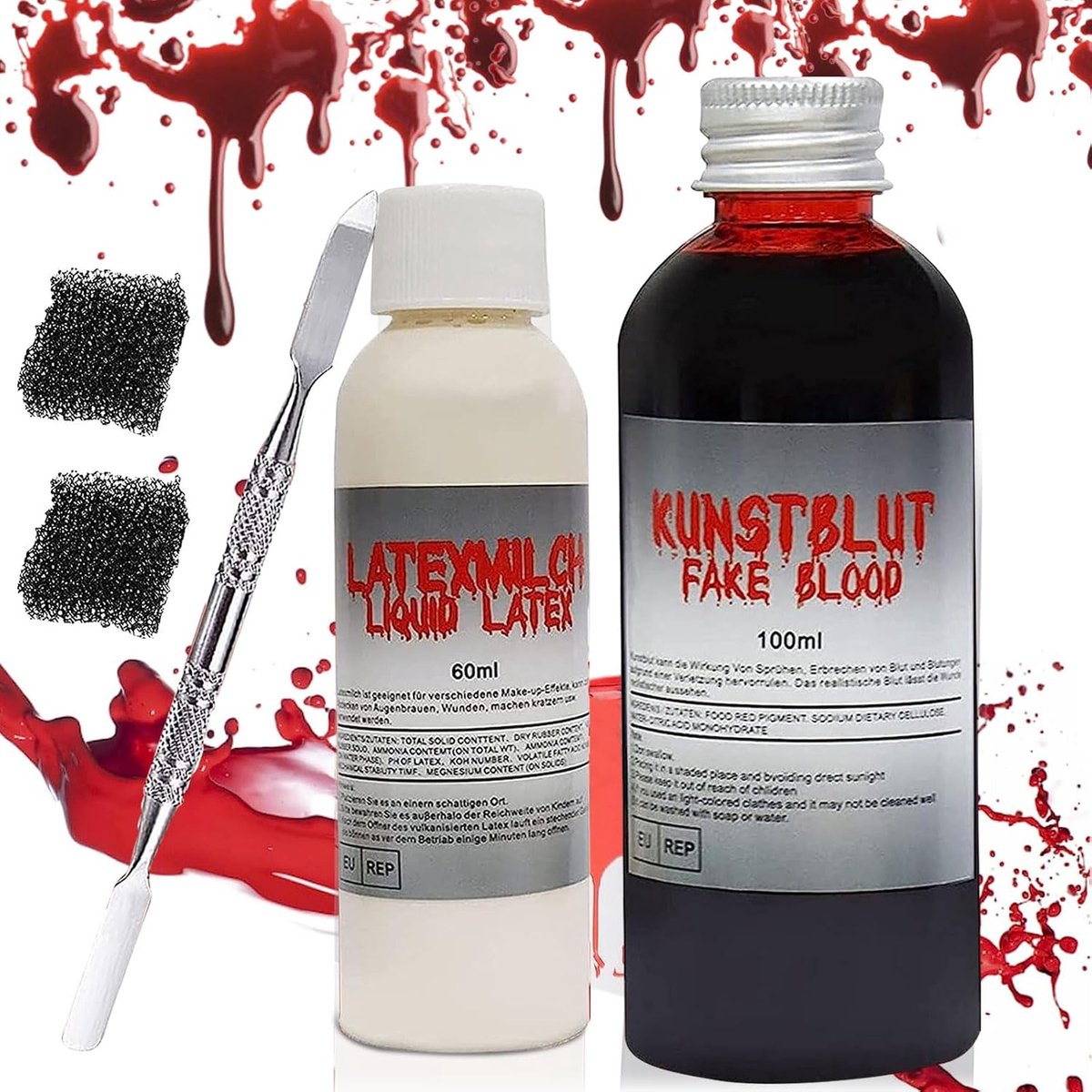 100 ml, latexmelk 60 ml, nepbloed met 2 make-upsponzen en spatels, kunstbloed voor Halloween, verkleedpartijen, zombie, vampierwonden, littekens, speciale effects